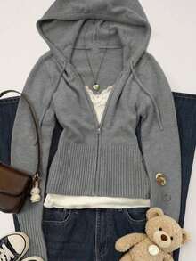 Women's Casual Cute Short Zip-Up Hooded Fitted Knit Cardigan, Long Sleeve Daily Commute Versatile Knit Jacket, Autumn/Winter Street Style Y2K - 灰色 - 查看 2