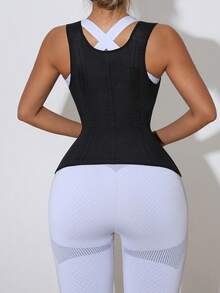 1件装女士束腰带，腹部控制运动腰带，健身塑形带，带可调节肩带，束腰套装，带拉链钩的黑色弹簧塑形带 - 黑色 - 查看 5