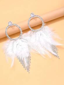 Pendientes de aro grandes con plumas blancas y diamante de imitación, pendientes colgantes de borla brillante de lujo para mujeres, joyas de declaración glamorosas para fiestas y bailes - Plateado - Ver 4