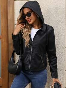 Women's Faux Leather Jacket Moto Biker Coat With Hood Motorcycle Jacket - Dark Black - View 3