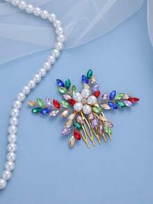 1 pieza Peineta de pelo de mujer elegante de lujo con flores de perlas falsas y cristales, tocado nupcial, accesorio de pelo de alta gama para banquetes, verano, vacaciones, viajes, accesorios de novia - Multicolor - Ver 16