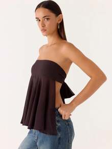 Women Summer Flowy Tube Top Y2k Solid Color Strapless Off The Shoulder Loose Fit Babydoll Bandeau Crop Tops Backless Sleeveless Going Out Tops Vests Shirts Casual Streetwear - 露背-深棕色 - 查看 4