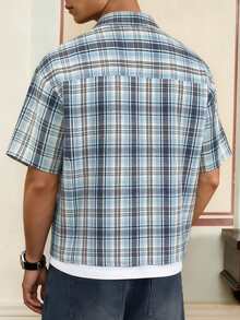 Áo sơ mi nam tay ngắn kẻ caro phong cách đường phố thường ngày. - Màu xanh lam - Xem 2