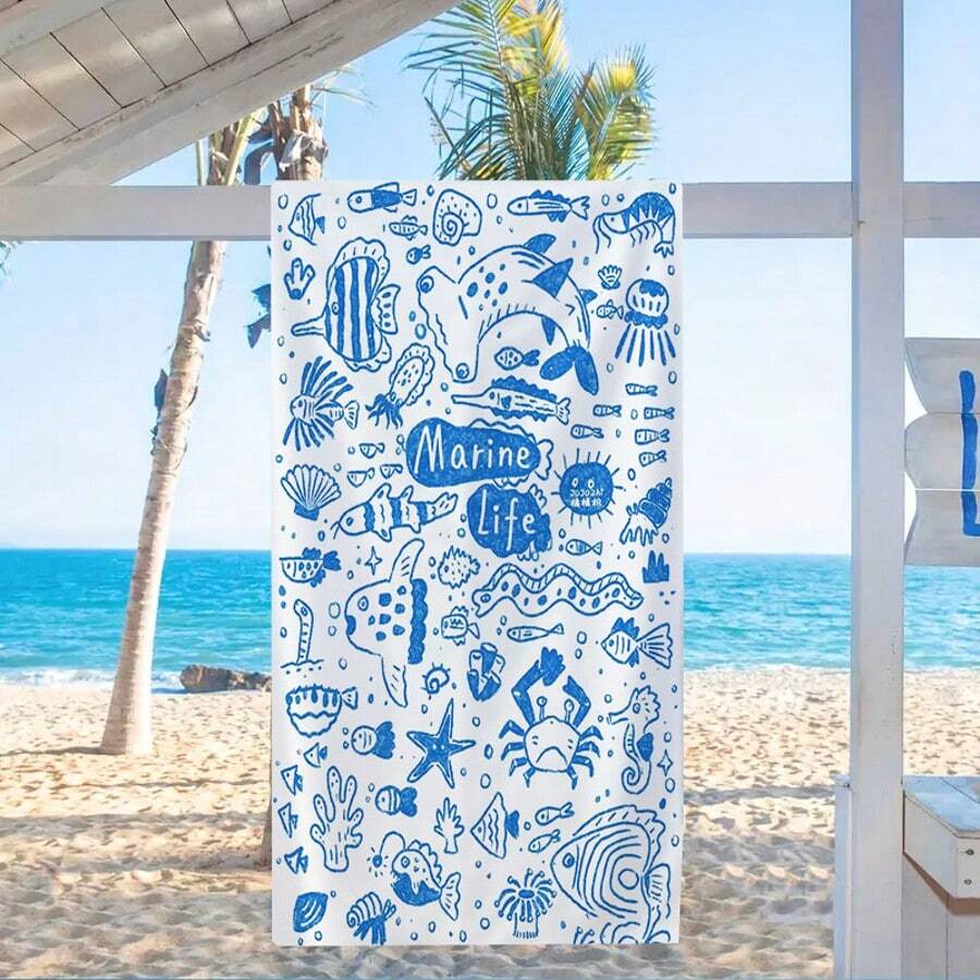 1pc Cartoon Marine Life Printed Beach Towel, Soft Microfiber Quick Dry Towel, Ideal Summer Gift For Family And Friends, Essential For Beach, Pool, Camping, Travel - Multicolor - View 1