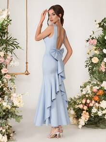 EVERPRETTY 蓝色正式礼服，后背系蝴蝶结，优雅伴娘礼服 - 淺藍色 - 查看 9