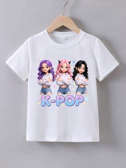 Camiseta de manga corta con cuello redondo para niñas, con estampado de grupo de chicas K-POP, diseño de cabello ondulado y rizado estilo diablo, estilo K-POP, ideal para reuniones de juego y atuendos casuales de verano.