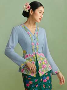 Nyonya 女款傳統優雅時尚刺繡長袖上衣，淺藍色 - 淺藍色 - 查看 3