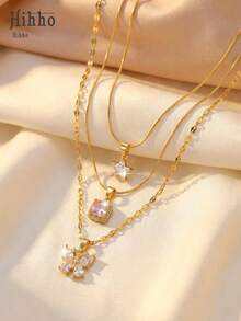 Hihho 3pcs/Set Women Delicate Clavicle Necklaces, Star, Pink Crystal Cube, Butterfly Designs, Layered Or Single Wear, Suitable For Daily Commute/Date Occasions - Clavicle Chain - View 2