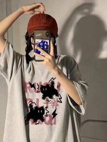 日系女式宽松休闲圆领字母卡通猫印花短袖T恤，春夏百搭 - 淺花灰 - 查看 3