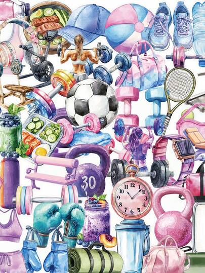 50 piezas Paquete de pegatinas transparentes de PET con tema de fitness para decorar cuadernos, guitarras, etc.