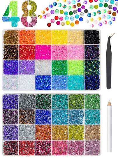 48色3毫米SS10果冻AB彩钻和水晶彩色树脂水钻，适用于美甲、眼部、面部、化妆、水杯、瓶子、DIY工艺品和鞋子等，闪亮亮片套装，平底宝石，钻石，闪亮亮片装饰套装。