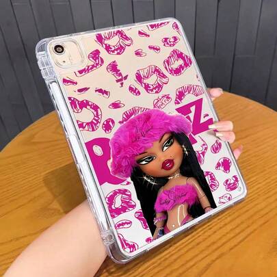 Pink Girl Case With Pencil Holder Compatible With Apple  9.7/10.2/10.5/10.9/12.9/Pro/Mini,5th/6th/7th/8th/9th/10th/11th Gen, Air 11inch, Pad, Transparent Clear Shockproof TPU Protective Case (Clear) ,Four Corner Airbag Anti Drop