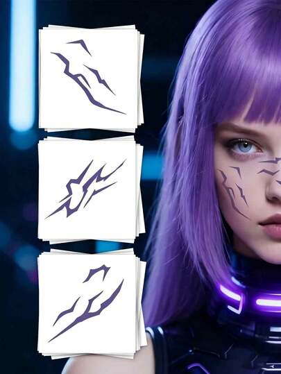 K-Pop Temporary Tattoos- Anime Hunter Halloween Cosplay Costume Temporary Tattoos Purple And Laser Multicolor Stripes Tattoos Design With Laser Lightning, Perfect For Parties And Festive Gifts