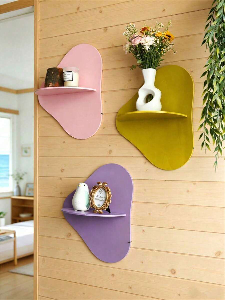 1/3 piezas Estantería de pared abstracta colorida, estante flotante de madera con flores, estante de almacenamiento de cristal de pared, pieza colgante de decoración del hogar minimalista, estante de exhibición de aceite de cristal, estantería de madera montada en la pared, adecuada para dormitorio, sala de estar, baño, cocina, oficina, regalo de cumpleaños/graduación (color/estilo aleatorio) - Multicolor - Ver 1