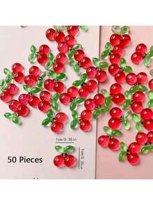 30/50pcs Cherry & Strawberry Resin Craft Supplies | Glossy Surface DIY Handmade Creative Accessories | Multi-Color Fruit Design With Green Leaves | Ideal For Creative Decoration - Multicolor - View 13