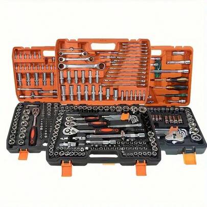 46pcs Professional Hand Tool Set, Durable Wrenches, Sockets And Easy-To-Use Ratchets - Ideal For Professional Automotive, Yacht, Motorcycle Repair - Includes Carrying Case, Chrome Vanadium Steel, Orange Toolbox