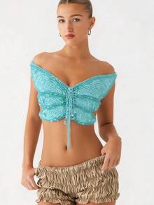 Y2K Women's 3D Butterfly Sequin Crop Top, Off Shoulder Cut Out Tie Front Glitter Top For Festival Rave Vacation - Sky Blue - View 7