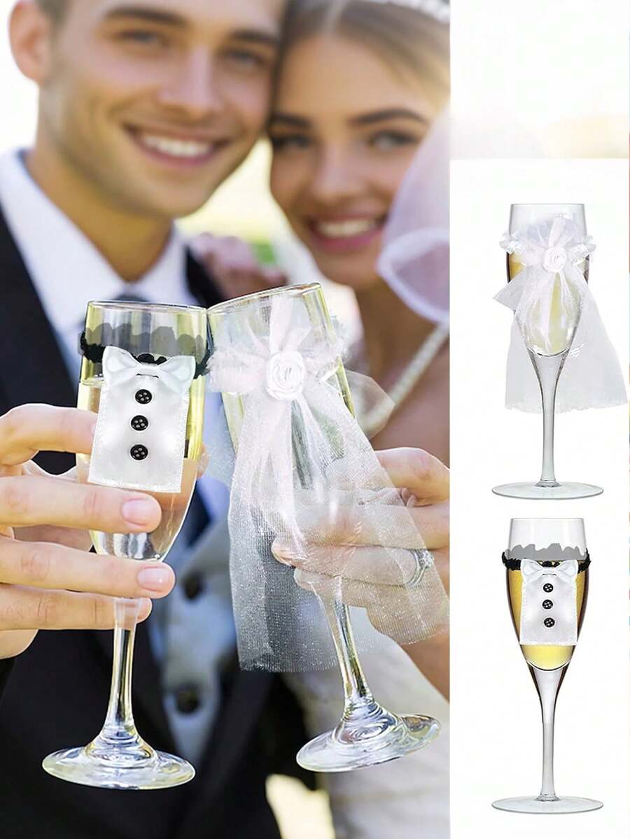 2 piezas Decoración de boda para copa de vino de novia y novio, tapa de botella de champán, decoración de fiesta de compromiso y San Valentín - en blanco y negro - Ver 1