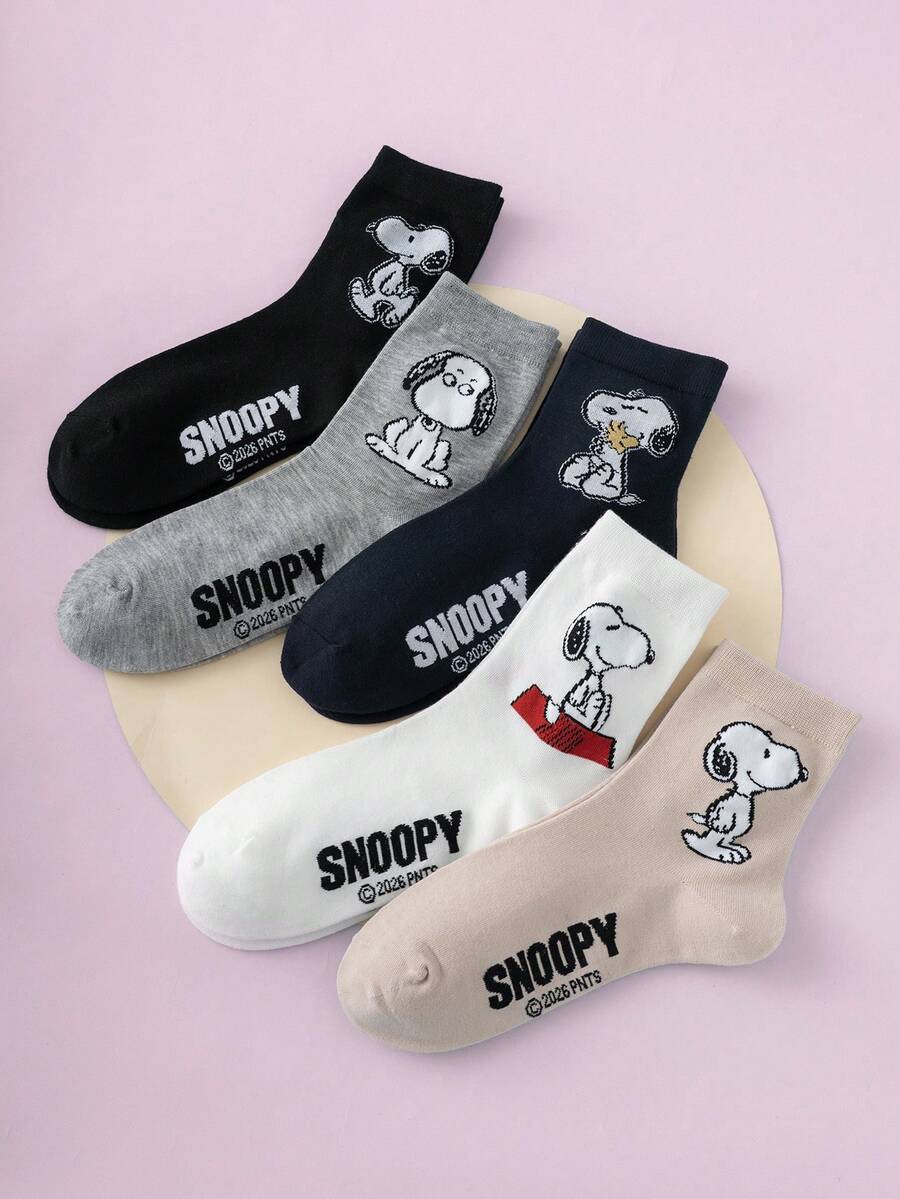 5 Pasang Kaos Kaki Wanita Motif Ekspresi Anak Anjing Kartun Seri SNOOPY Asli Setinggi Betis - MultiWarna - View 1