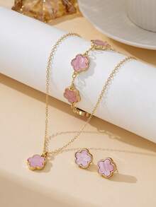 一套女士首饰，包括：1 条经典复古优雅柔粉色甜美四叶草吊坠项链、1 条手链、1 对耳环 - 粉色 - 查看 3