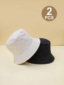 2 piezas Sombrero de cubo de unicolor para niños, sombrero versátil casual unisex con protección solar para exteriores, estudiantes, vuelta a la escuela - Negro+beige - Ver 4