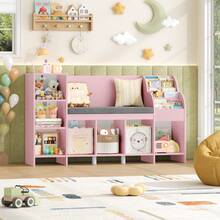Bookcase, 138.5 Cm Toy Storage Unit With Reading Nook Bench, Book Shelf With 7 Cube Storage - Pink - View 3