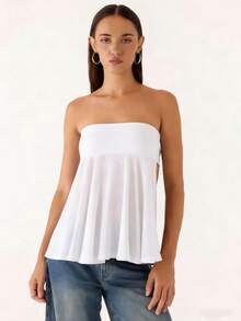 Women Summer Flowy Tube Top Y2k Solid Color Strapless Off The Shoulder Loose Fit Babydoll Bandeau Crop Tops Backless Sleeveless Going Out Tops Vests Shirts Casual Streetwear - 露背-白色 - 查看 3
