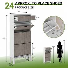 Moderner, schmaler Schuhschrank mit 3 Klappen & 1 Schublade – verstellbare Einlegeböden, platzsparend, geeignet für Flur & Diele, Stauraum für 12–18 Paar Schuhe - Grau - Übersicht 2