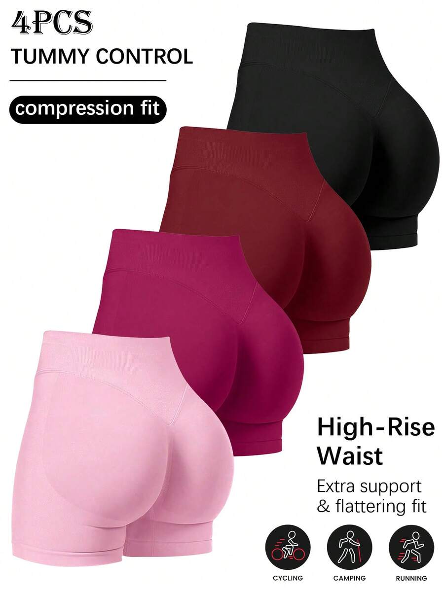 4pcs Women Outdoor Sports Yoga Tight Shorts, Multifunctional Minimalist Everyday Workout Shorts - Multicolor - View 1