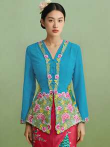 Nyonya 女款傳統優雅時尚刺繡長袖襯衫，藍色 - 藍色 - 查看 4