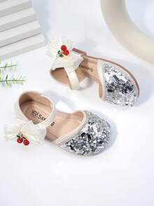 Giày sandal mùa hè mới cho trẻ em, kiểu dáng dễ thương thắt nơ, mũi kín, đính pha lê, cỡ nhỏ và vừa, sandal đế bằng cho trẻ lớn, sandal đi biển cho trẻ em. - Màu be - Xem 7