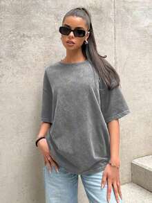 2026 Loose Fit Vintage Style Green Knitted Distressed Casual T-ShirtLoose And Comfortable Casual Streetwear, Summer Loose Fit, Oversized Graphic Tee, - 灰色 2 - 查看 2