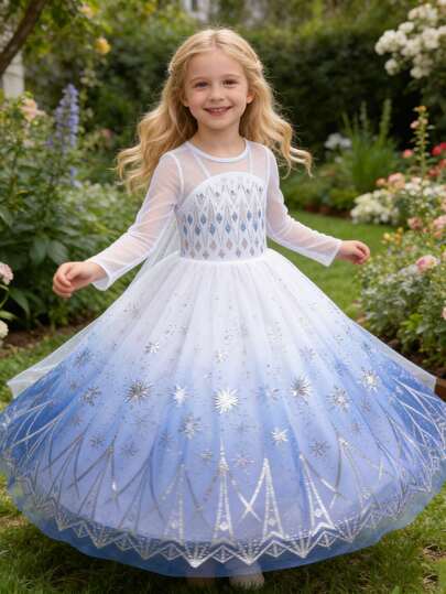 Young Girls Snowflake Pattern Elegant Mesh Dress, New Formal Dress, Casual Dress, Suitable For Outings, Gatherings With Friends, Birthday Parties, Back To School, Stage Performances And Other Major Events
