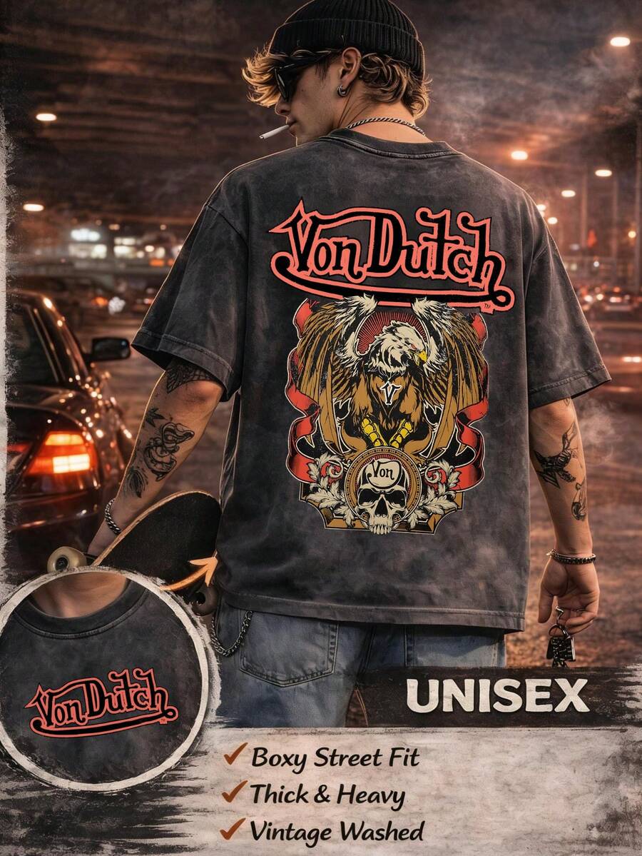 Men Black Vintage Wash Streetwear Brand Street Style 100 Percent Cotton T Shirt Vons Dutchs Eagle Skull Graphic And Text Casual Outfits Front And Back Print Retro Heavyweight Tee Perfect Gift Loose Comfortable Breathable Machine Washable Fabric Hip Hop Cool Style Drippy Clothes Y2K - 黑色 - 查看 1