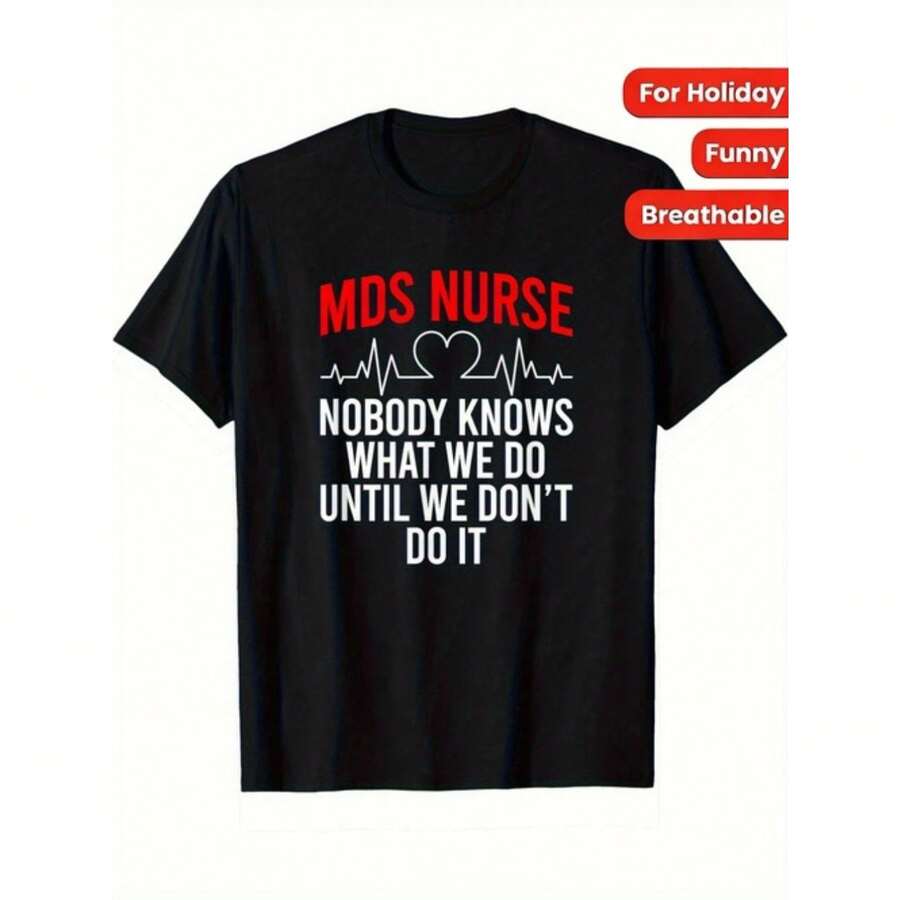 PickMDS NURSE Funny Heartbeat Graphic T Shirt Casual Short Sleeve Red White Heart ECG L - 黑色 - 查看 1