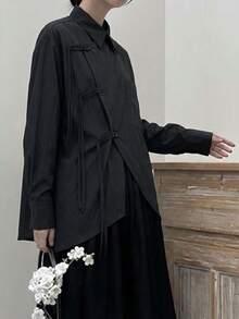 女款優雅休閒翻領寬鬆不對稱長袖襯衫，純色梭織布料，鈕扣開襟，適合休閒、辦公、日常、機場，春夏黑色 - 黑色 - 查看 3