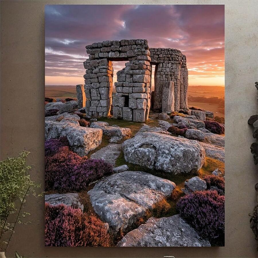 Arte de pared plano 2D, 1 pieza de Stonehenge al atardecer - Impresión en lienzo sin marco de 30.48X40.64 cm, Escenario contemporáneo de Stonehenge con decoración histórica británica montada con gancho para el hogar y la oficina, Diseño plano 2D - Sin marco - Ver 1