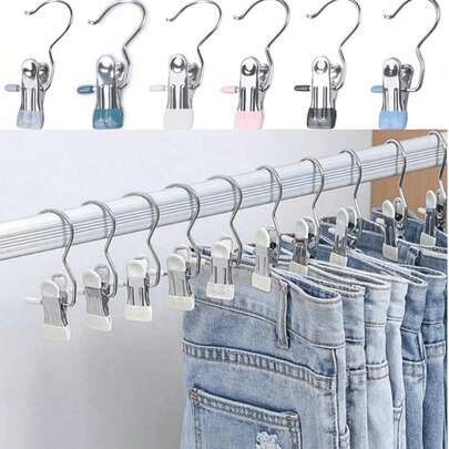 10 High-Quality Stainless Steel Clothespins, Adjustable Metal Trouser Hangers With Clips, Laundry Clips With Hooks, Portable Clothespins, Suitable For Clothing, Trousers, Skirts, Decorations, Perfect For Spring, Minimalist Styles And Summer Tops.