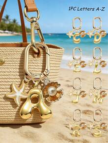 Gold Bubble Letter A-Z Keychain For Women, Cute Alphabet Initial Charm Decorated With Starfish And Seashells, Shiny Metal Letter Key Ring, Personalized Bag Charm, Handbag Backpack Purse Hanging Accessory, Car Keychain Decoration. Ideal For Daily Use, Travel, School, Shopping, Gifting,Perfect For Valentine'S Day, Birthday,Holiday Gifts For Girls, Teens, Women, Friends,Mother's Day Gift - Multicolor - View 2
