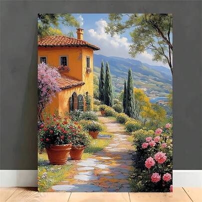 1PC Unframed Canvas Wall Art Posters, Italian Garden Tuscan Villa Landscape With Romantic Flower Trail, Vintage European Country Painting Poster, Vivid Colors Home Decor For Living Room, Bedroom, Office Wall Decor, High Quality Printing, No Frame