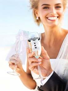 2 piezas Decoración de boda para copa de vino de novia y novio, tapa de botella de champán, decoración de fiesta de compromiso y San Valentín - en blanco y negro - Ver 4