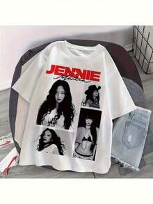 Jennie Summer T-Shirt, 1PC, Hong Kong Retro Fashion, Black And White Photo Print, Loose Fit Short Sleeve T-Shirt, Casual And Versatile For Women, Perfect Holiday Gift. Cotton T-Shirt - 白色 - 查看 7