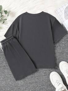 Baby Boy Letter & Number Print Round Neck Short Sleeve T-Shirt And Shorts Casual Daily Outfit - Dark Grey - View 3