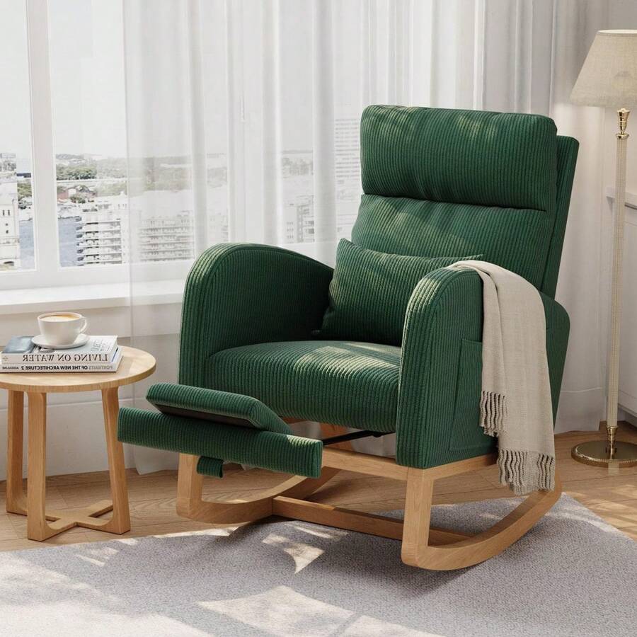 Huisuilinss Nursery Rocking Chair With/Without Footrest,Modern Glider Rocking Chair With Side Pockets And Pillow,Accent Armchair,Nursery Chair For Living Room Bedroom Nursing Room - Green Corduroy With Footrest - View 1