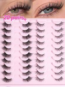 20对猫眼假睫毛，纤长柔软3D仿貂毛睫毛，卡通风格可重复使用，猫眼仿貂毛睫毛性感美睫，3D仿貂毛睫毛柔软自然妆容睫毛 - 黑色 - 查看 2