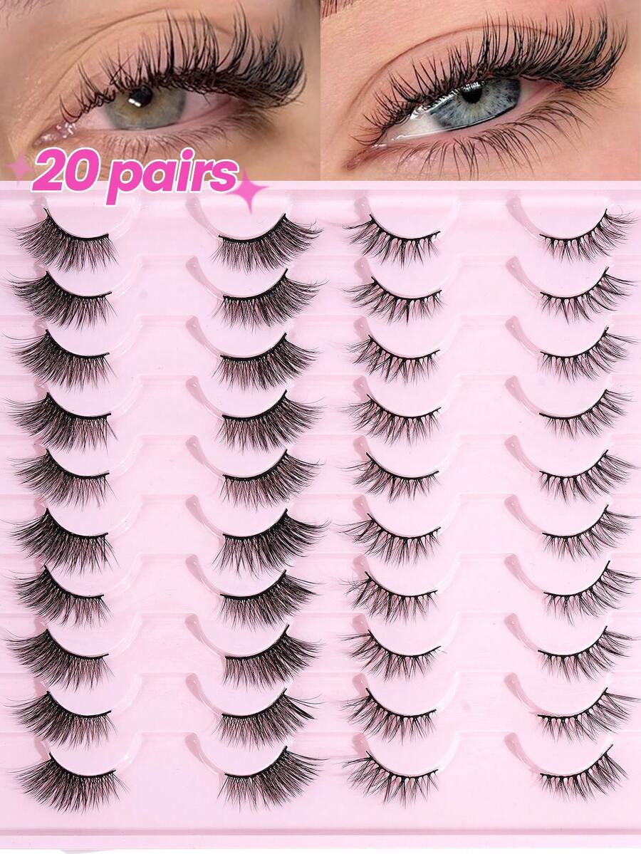 20对猫眼假睫毛，纤长柔软3D仿貂毛睫毛，卡通风格可重复使用，猫眼仿貂毛睫毛性感美睫，3D仿貂毛睫毛柔软自然妆容睫毛