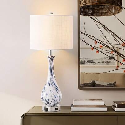 Mazkhytus 27.5英寸蓝色玻璃台灯，带USB Type-C接口和内置插座