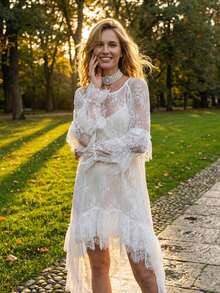Vestido de encaje para mujer, manga larga, cuello redondo, color liso, bajo asimétrico, vestido vaporoso con volantes. - Blanco - Ver 6