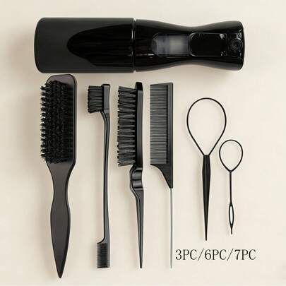 3/6/7件套粉色美发造型工具套装，包含顺滑后梳、按摩梳、尖尾梳、蓬松梳、连续喷雾瓶，直发卷发造型套装，适合女性、女孩、初学者，家用及沙龙均可使用，畅销产品