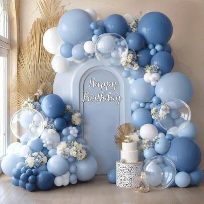 131 piezas Conjunto de arco de globos azul claro, incluye globos de látex azul claro, azul y blanco, lo que lo convierte en la opción perfecta para fiestas de cumpleaños, baby showers, propuestas, compromisos, bodas, aniversarios y otras decoraciones de fiesta.